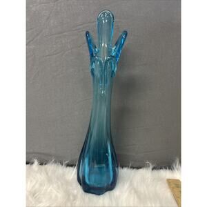 Vintage Mid-Century Modern Blue Art Glass Flame Vase Hand-Blown Teal Aqua